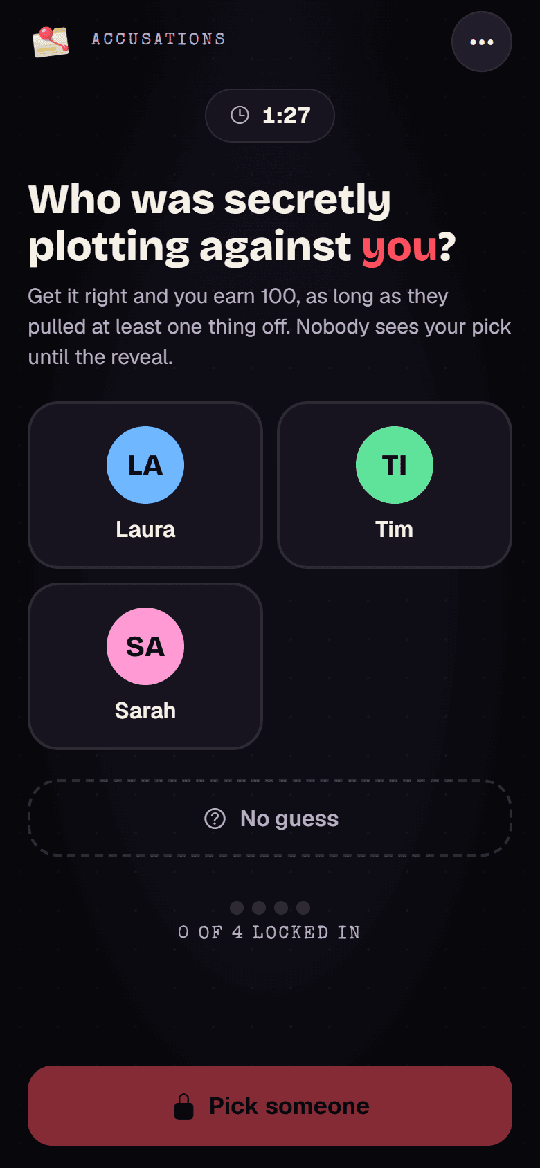 The accusation screen asking: who was secretly plotting against you?