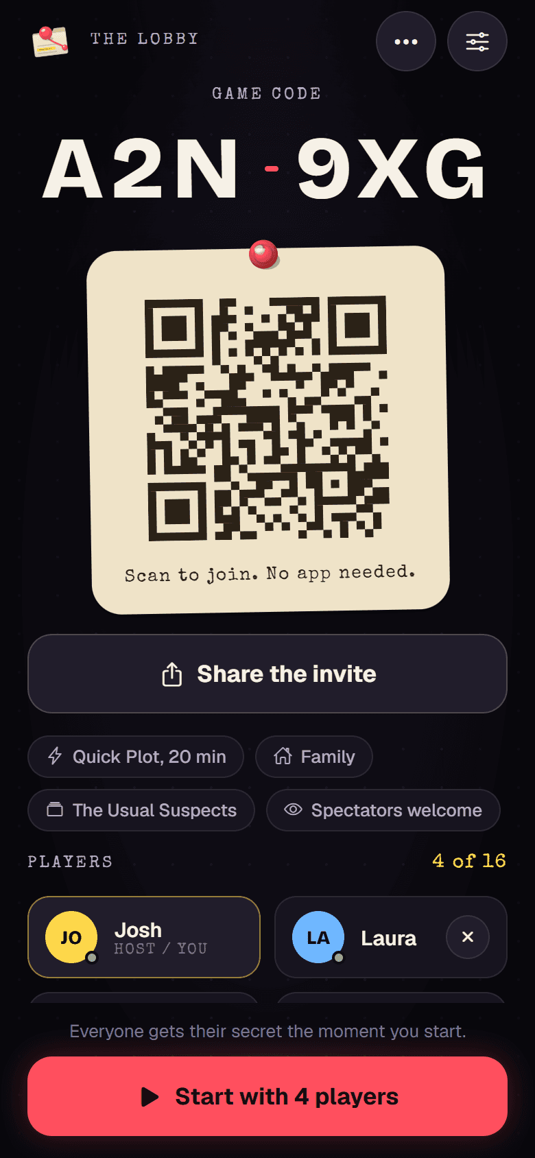 The host's lobby with game code A2N-9XG, a QR code to scan, and four players joined.