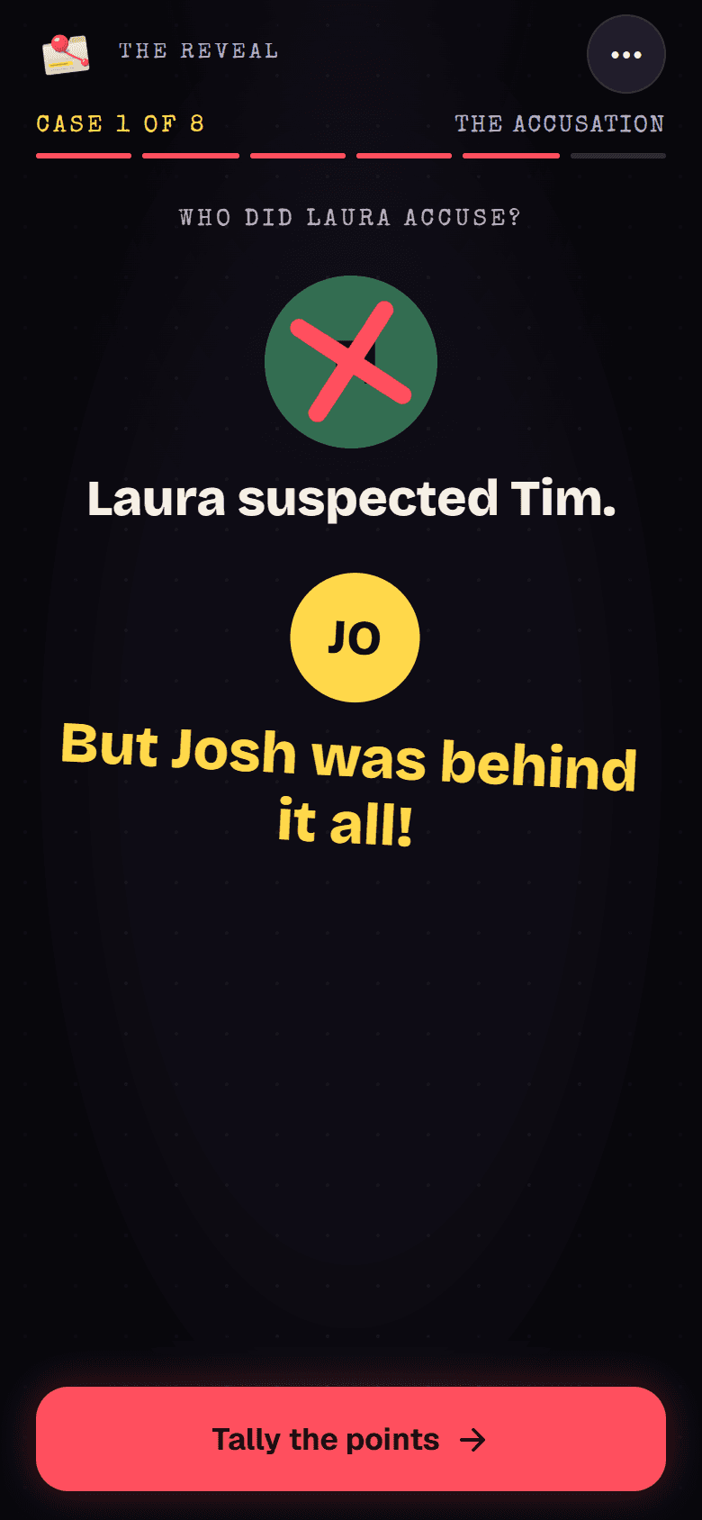 The reveal, accusation step. Laura suspected Tim. But Josh was behind it all!